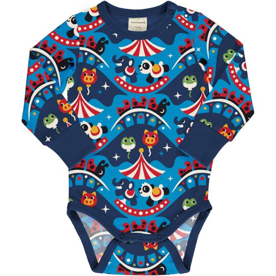 Maxomorra childrens organic cotton long sleeve body suit in the fairground print on a white background