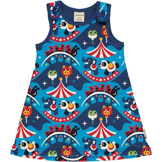 Maxomorra childrens organic cotton playdress in the fairground print laid out on a white background