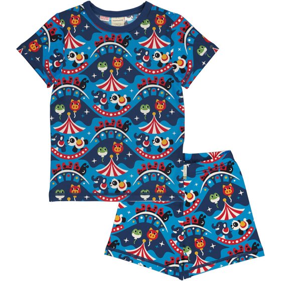 Maxomorra childrens short sleeve pyjama set in the fairground print laid out on a white background