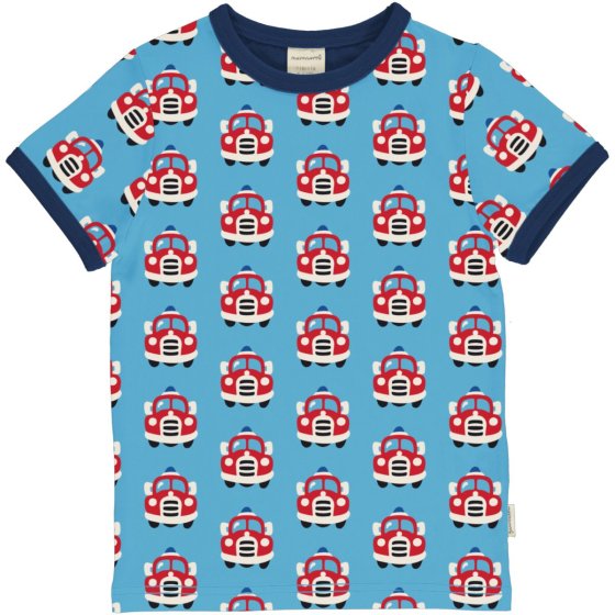 blue short sleeve children top with the fire truck print and navy trim from maxomorra