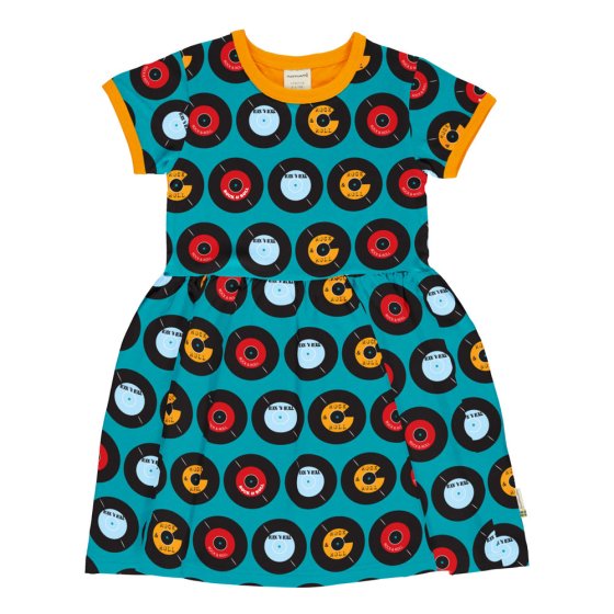 Maxomorra kids short sleeve organic cotton spin dress in the LP classics print on a white background