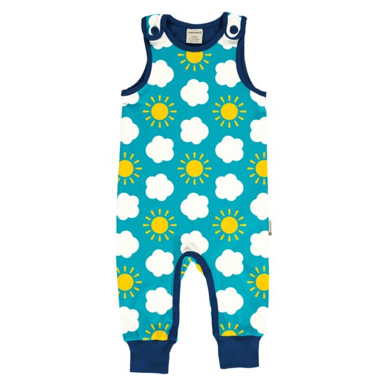 Maxomorra eco-friendly kids classic sky print playsuit laid out on a white background