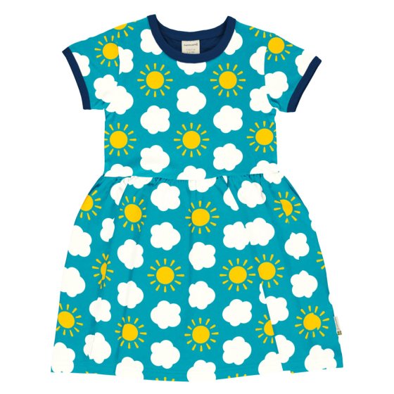 Maxomorra organic cotton kids classic short sleeve spin dress in the sky colour laid out on a white background