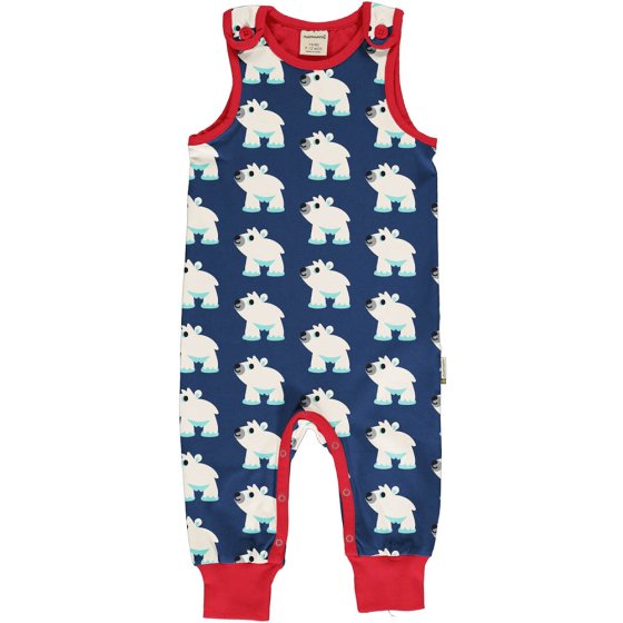 navy blue dungaree with the red trim and polar bear print from maxomorra