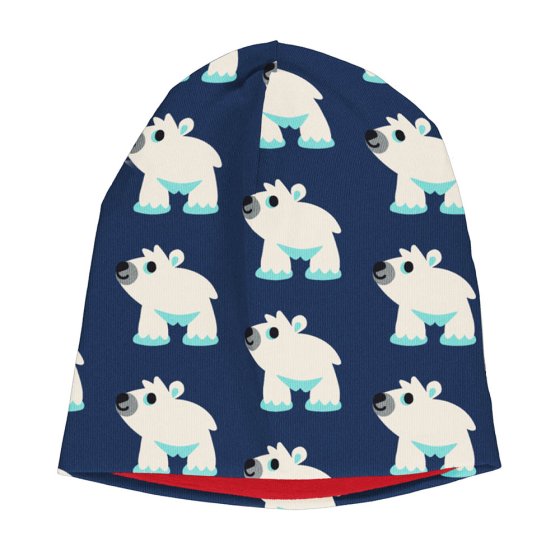 navy blue children's velour hat with the red lining and polar bear print from maxomorra