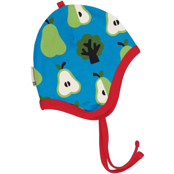 Maxomorra childrens organic cotton helmet hat in the pear print on a white background