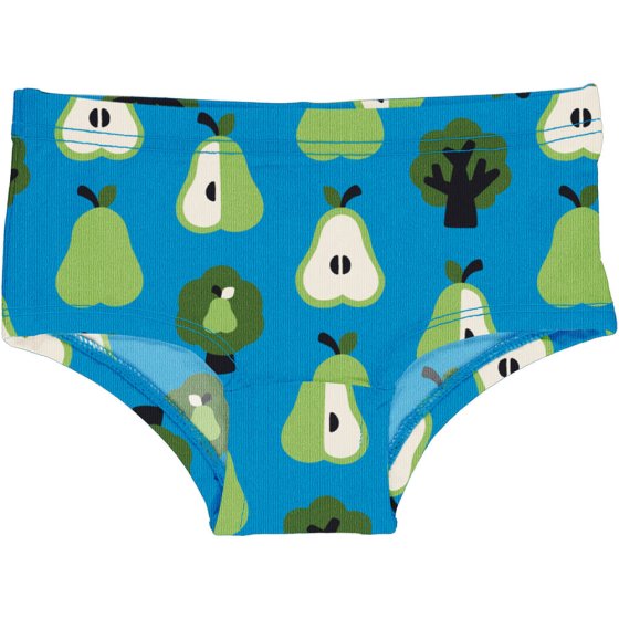 Maxomorra childrens organic cotton hipster briefs in the pear print laid out on a white background