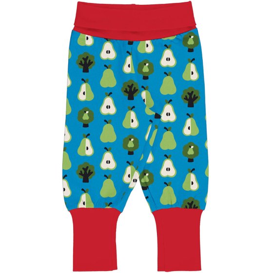 Maxomorra childrens organic cotton rib pants in the pear print on a white background