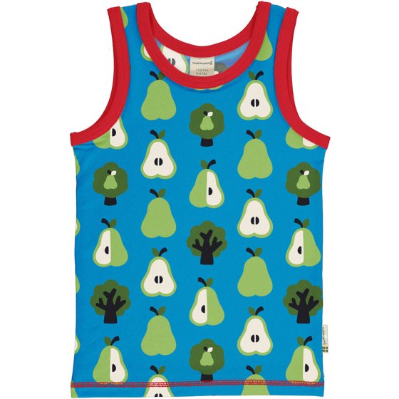Maxomorra childrens organic cotton tank top vest in the pear print on a white background
