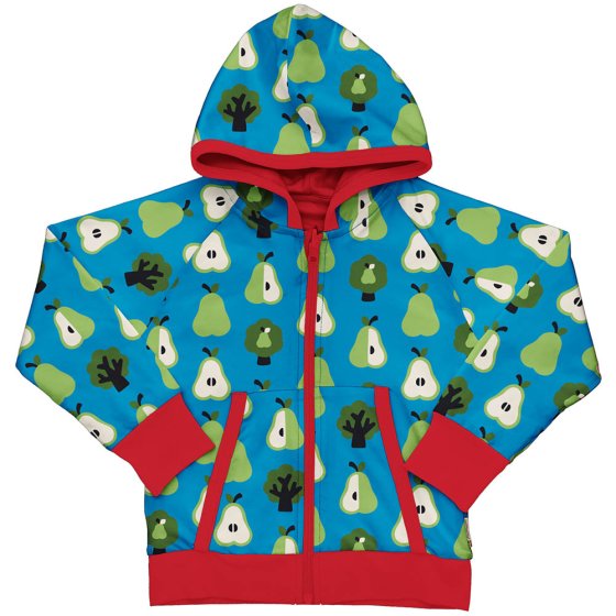 Maxomorra childrens organic cotton zip hoodie in the pear print laid out on a white background