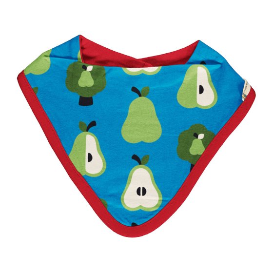 Maxomorra organic cotton baby dribble bib in the pear print laid out on a white background