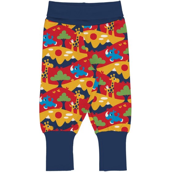 colourful organic cotton rib pants with the savanna print and navy blue extendable waist and cuffs from maxomorra