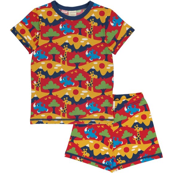 colourful organic cotton short sleeve pyjama set with the savanna print and navy trim from maxomorra