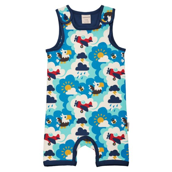 kids blue short dungarees with the sky print from maxomorra