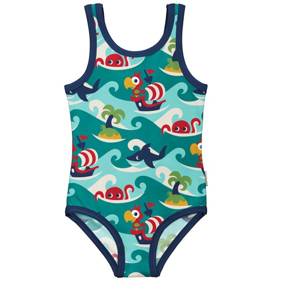 Maxomorra childrens eco-friendly tropical ocean swimsuit on a white background