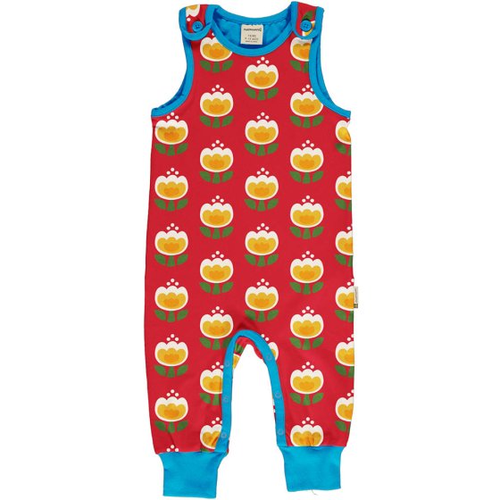 Maxomorra childrens organic cotton dungarees in the tulip print on a white background