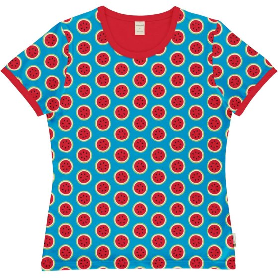 blue organic cotton women's fit short sleeve top with the watermelon print and red trim from maxomorra