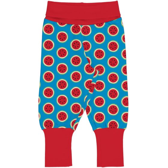 blue organic cotton rib pants with the watermelon print and red extendable waist and cuffs from maxomorra