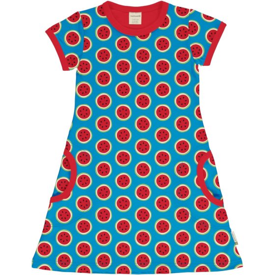 blue organic cotton short sleeve dress with the watermelon print and red trim from maxomorra