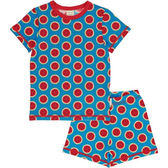 blue organic cotton short sleeve pyjama set with the watermelon print and red trim from maxomorra