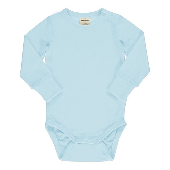 Meyadey soft blue organic cotton long sleeve baby body suit on a white background