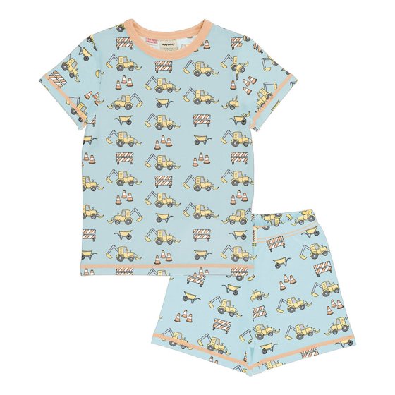 Meyadey childrens short sleeve organic cotton pyjamas in the city construction print laid out on a white background