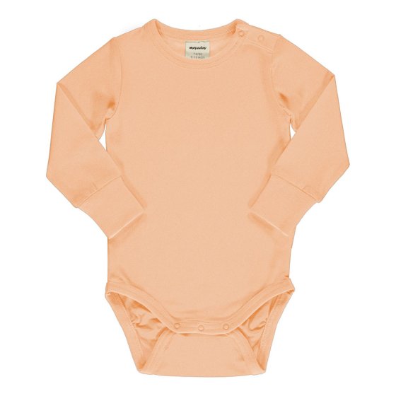 Meyadey soft orange organic cotton long sleeve baby body suit on a white background
