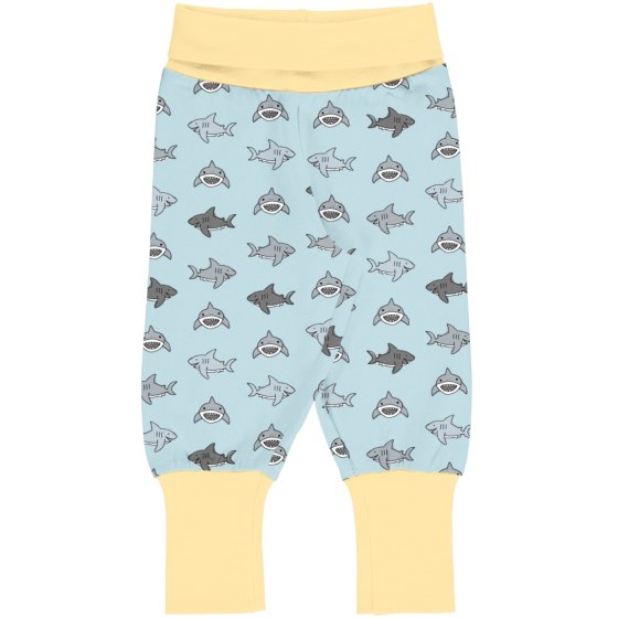 Meyadey Salty Shark Organic Rib Pants. A light blue base with repeated small grey sharks (front and side views), with contrasting light yellow cuffs and waistband. Picture on a white background