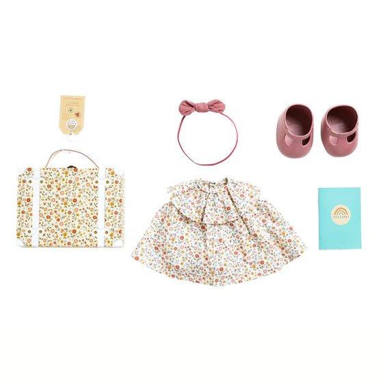 Olli Ella dinkum doll prairie floral travel togs dress up set laid out on a white background