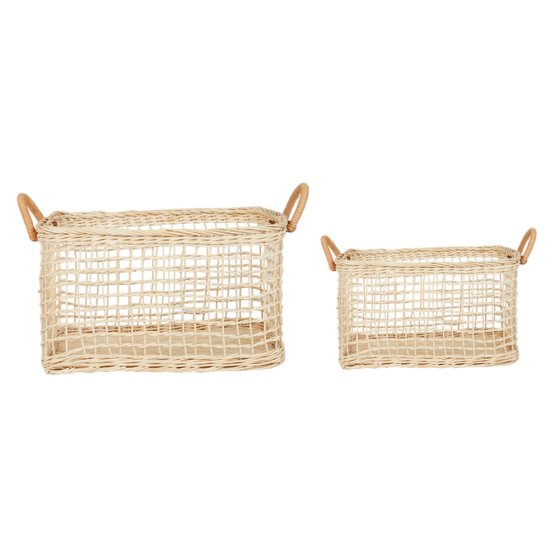 2 Olli ella natural woven rattan cabouche baskets on a white background