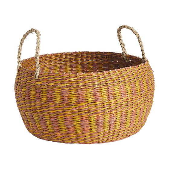 Olli Ella eco-friendly woven seagrass totty display bowl in the clay and mustard colour on a white background