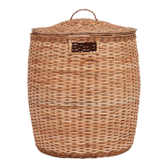 Olli ella eco-friendly lidded rattan tuscan laundry basket on a white background