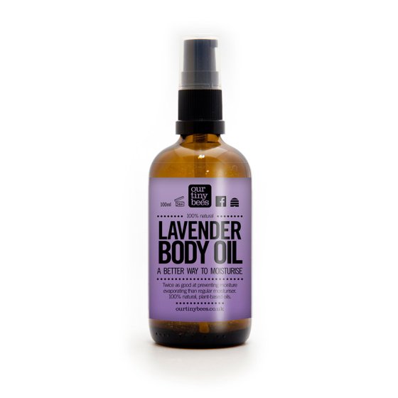 Our Tiny Bees lavender Body Oils in bottle on white background