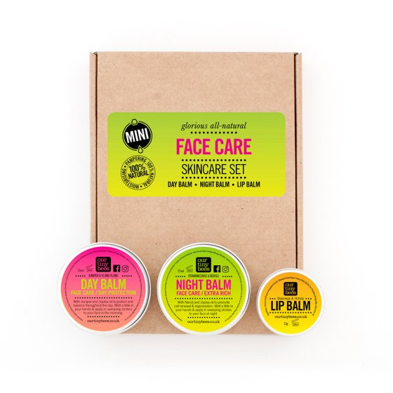 Our Tiny Bees Mini Face Skincare Gift Set with day and night balms, lip balm