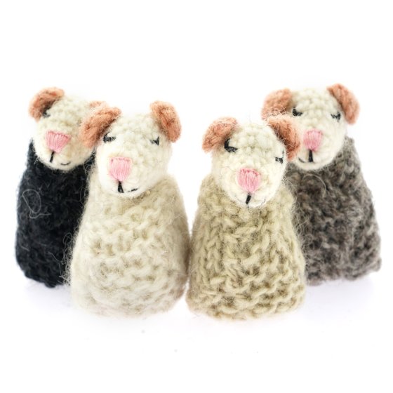 4 Papoose sleepy woollen mice toys on a white background