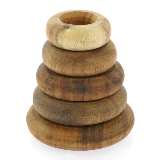 Papoose hand carved stacking wooden doughnuts on a white background