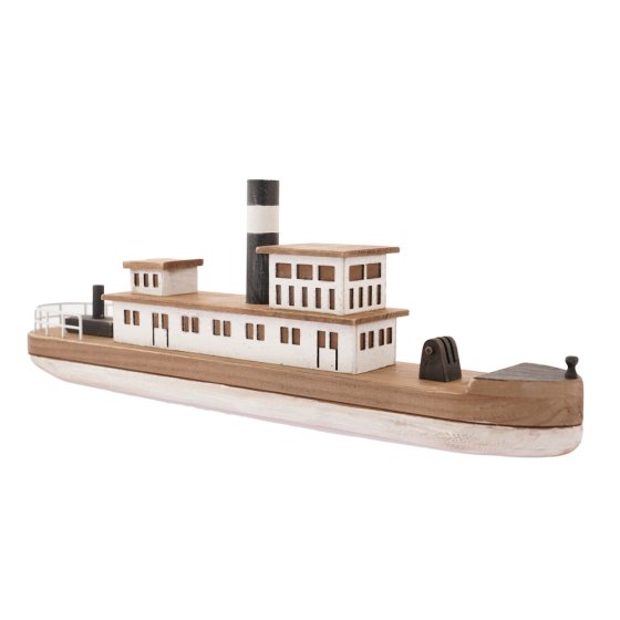Papoose childrens handmade realistic wooden steam boat model on a white background