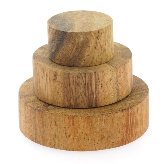 Papoose 3 natural wooden stacking discs piled in a tower on a white background