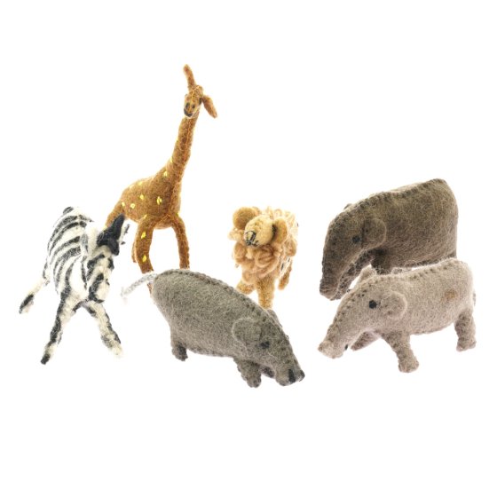 Papoose handmade stuffed felt African animals toy figures stood on a white background