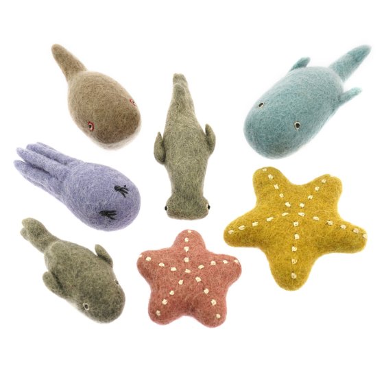 Papoose handmade soft sea animals toy set laid out on a white background