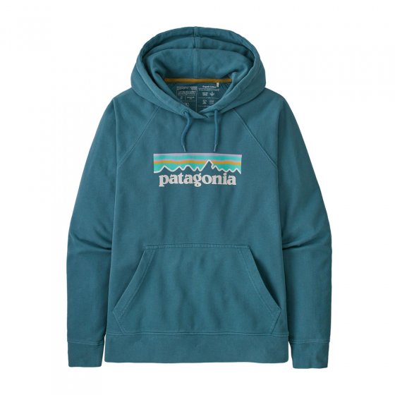 Patagonia eco-friendly Pastel P6 logo hoody in abalone blue on a white background