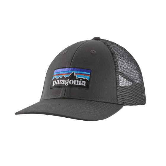 Patagonia adults forge grey p6 logo lopro trucker hat on a white background