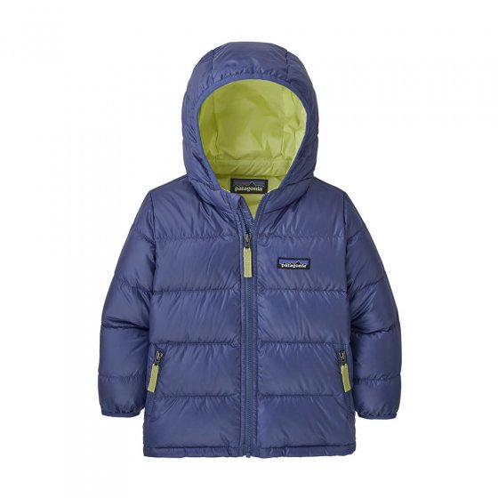 Patagonia baby current blue hi-loft waterproof winter sweater hoody on a white background