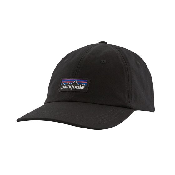 Patagonia P-6 label trad cap in black on a white background