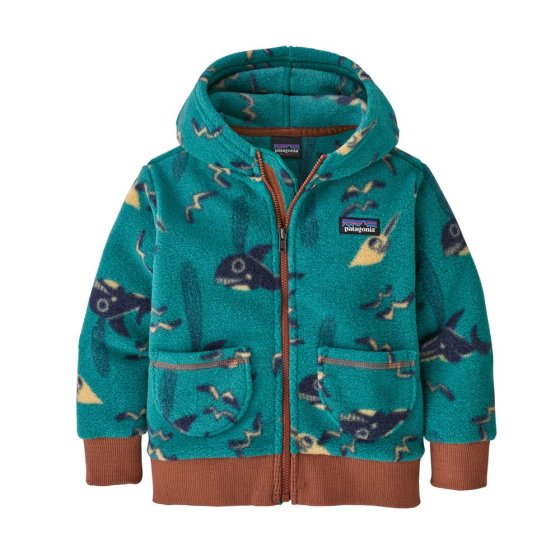 Patagonia childrens eco-friendly synch cardigan in the viva den orca: borealis green colour on a white background