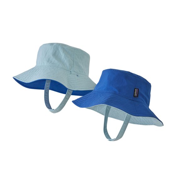 2 Patagonia childrens eco-friendly bucket sun hats in the bayou blue colour on a white background