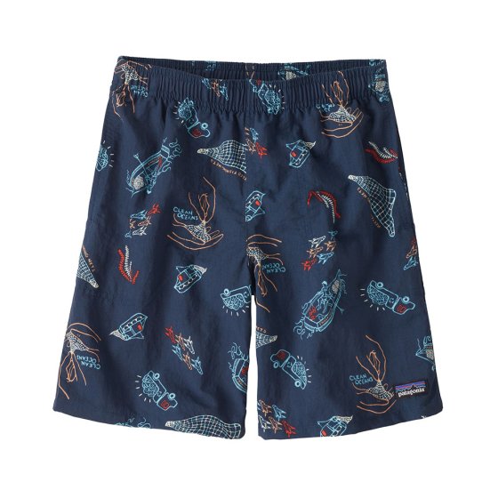 Patagonia childrens cool currents tidepool blue baggy swimming shorts on a white background