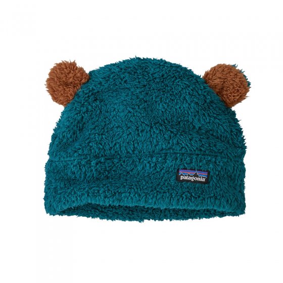 Patagonia eco-friendly furry friends baby winter hat in dark borealis green on a white background