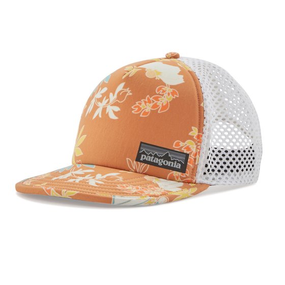 Patagonia dusted peach duckbill trucker hat on a white background