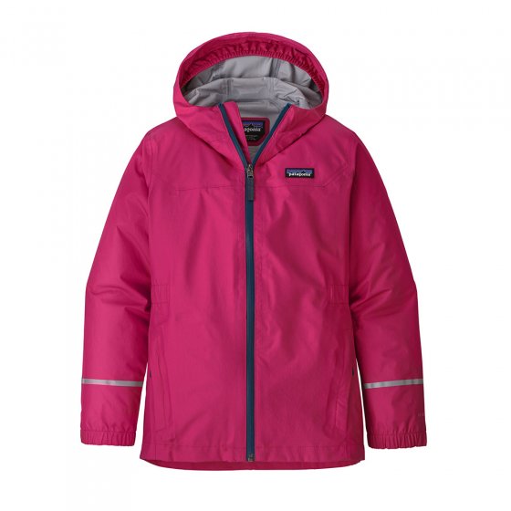 Patagonia girls torrentshell recycled nylon waterproof jacket in mythic pink on a white background